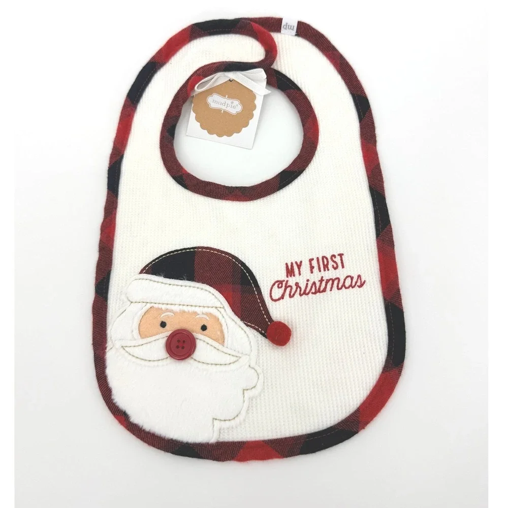 Mud Pie My First Christmas Baby Bib Santa Buffalo Plaid Red Black NEW